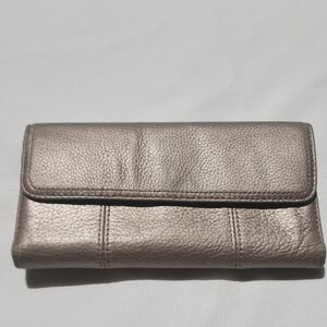 CLARKS Metallic Taupe Leather Clutch Wallet - Womens Zippers & Many Compartments